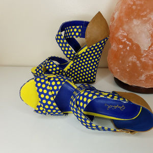 🚫SOLD🚫Blue and Yellow Polka Dot Platform Wedge Sandals
